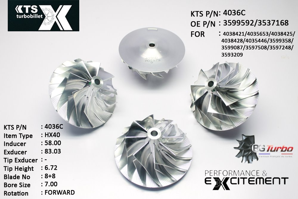Turbo ROUE FORGÉE MFS PERFORMANCE - 8+8 PALES - INDUCER : 58 - EXDUCER : 83,03 - TYPE : HX40ANGLE : 55° - ROTATION : Forward - SUPER BACK : 5,01 - BORE SIZE : 7

